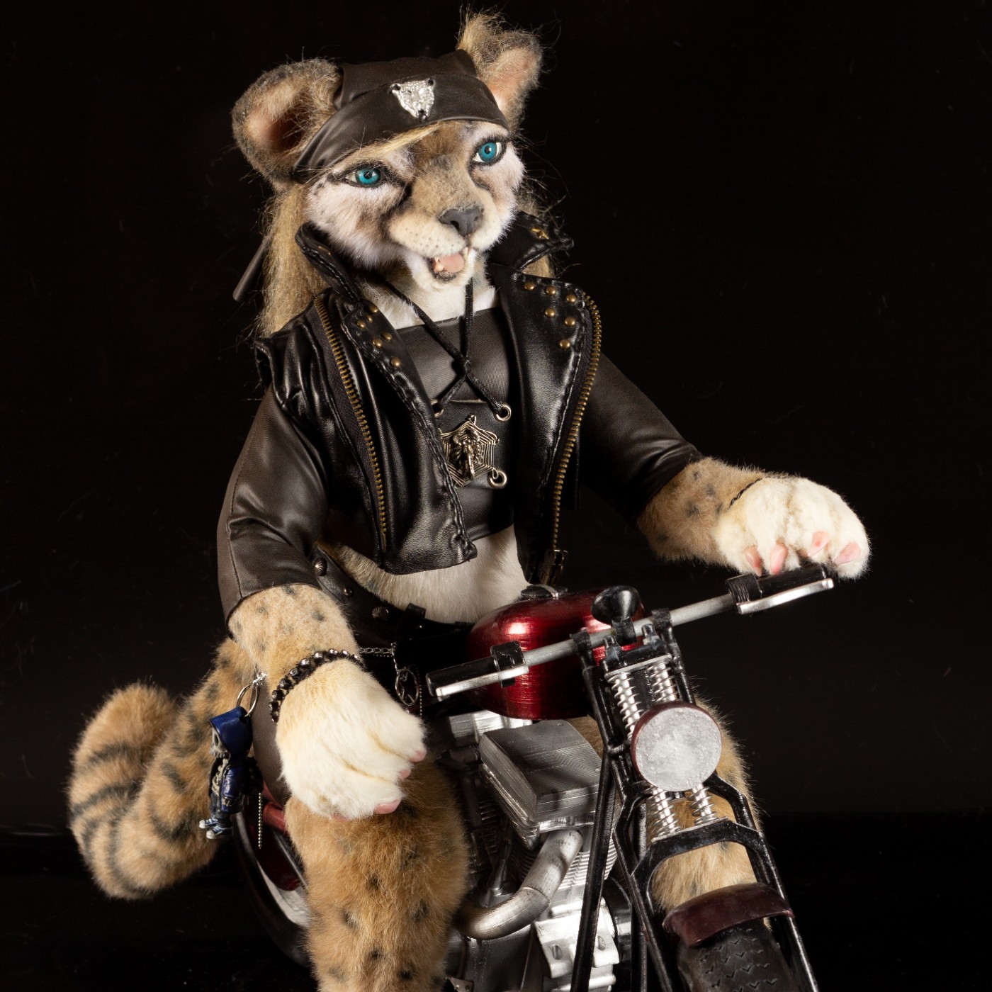 Wanderer fantasy biker cat art doll on a custom motorcycle